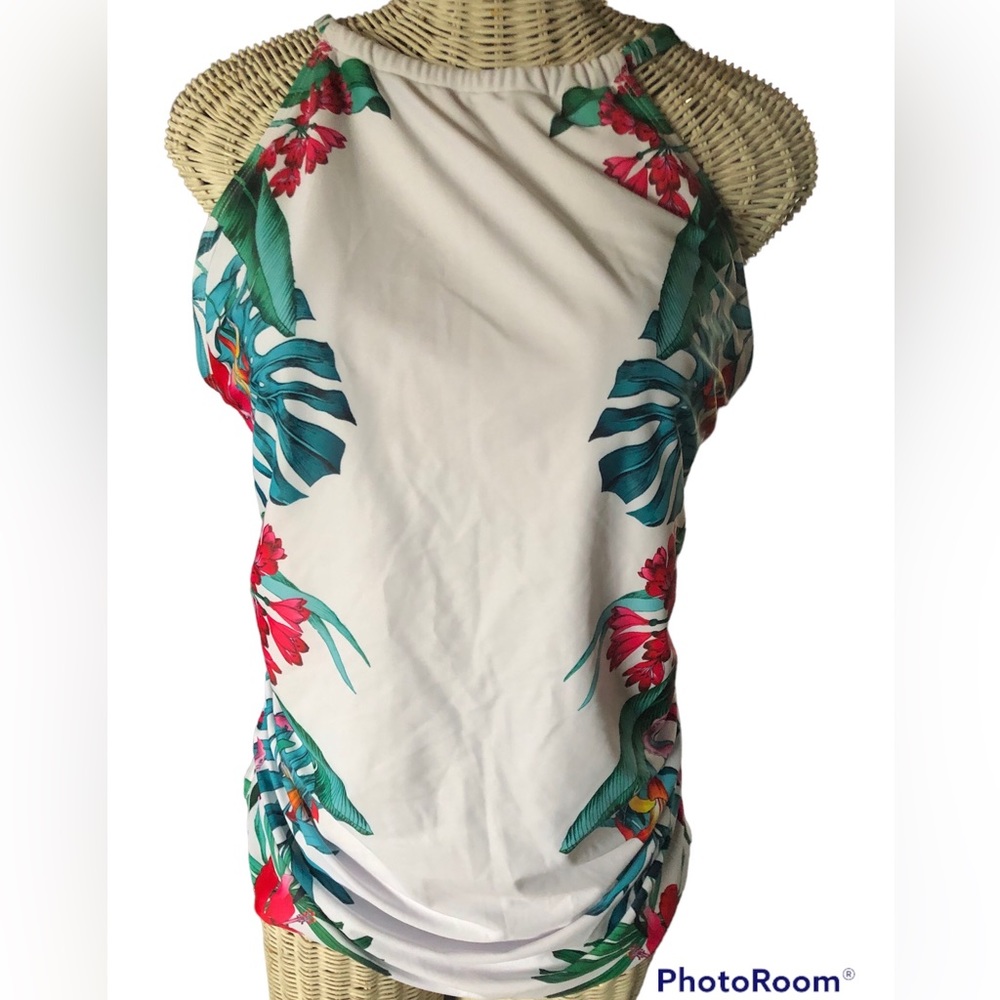 EUC Hawaiian Tropical Shirred Spaghetti Strap Gathered Neck Tank Swim Top